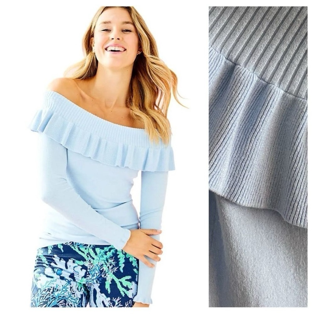 Lilly Pulitzer Siesta Sweater Periwinkle Blue Ruffle Off Shoulder Size Small